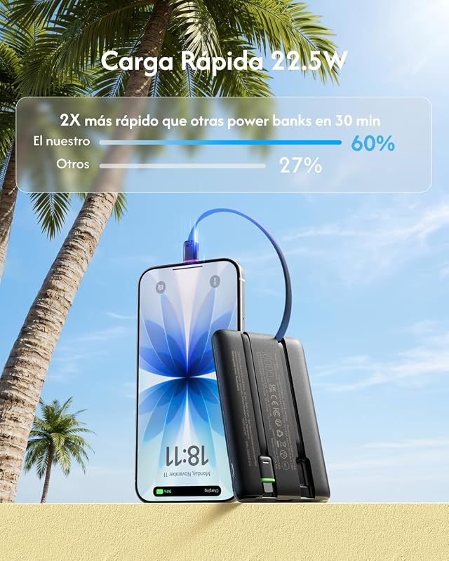 Bateria Externa de Carregamento Rápido 10000mAh Power Bank com Cabo