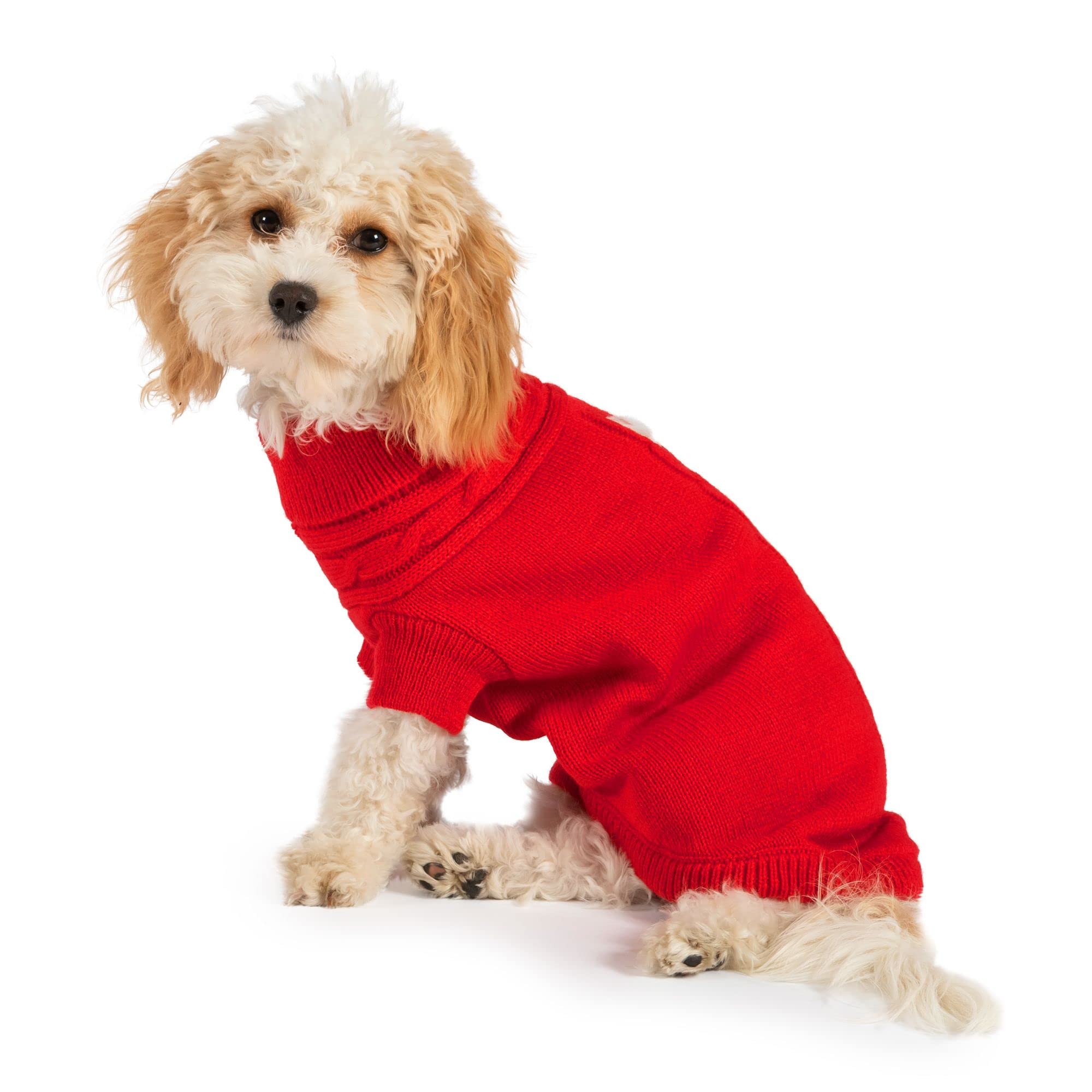Ancol Cable Knit Dog Jumper Red Woollen Sweater for Pets - Classic Knit Design with Leg Straps and Harness Hole - XS 25cm