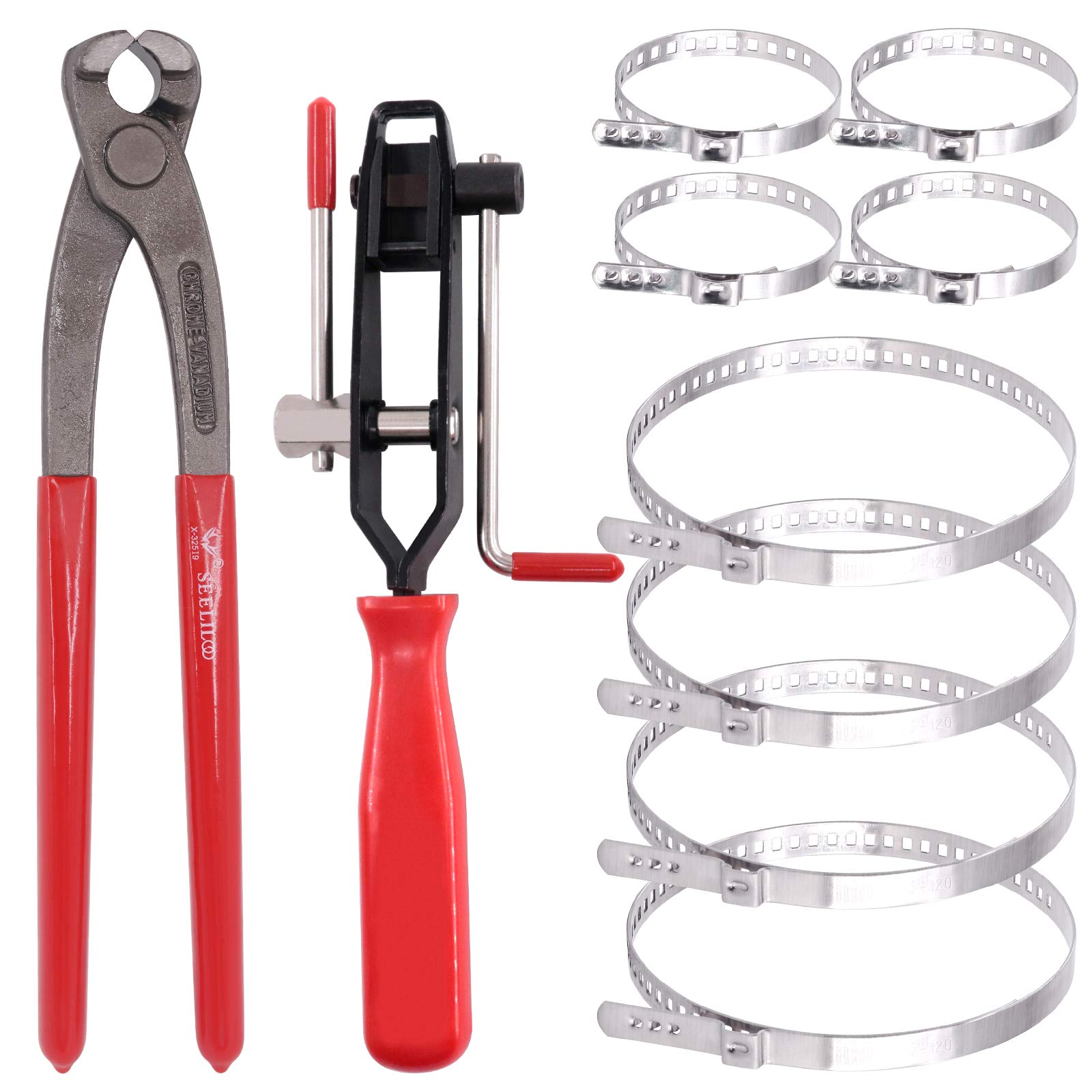 Swpeet S1292 10Pcs Ear Clamp Pliers with CV Boot Clamps Kit, Ear Boot Tie Pliers, Car Band Tool Kit, Automotive Hose Axle Plier CV Clamp Tool CV Joint Banding Tools for Most Cars,Red