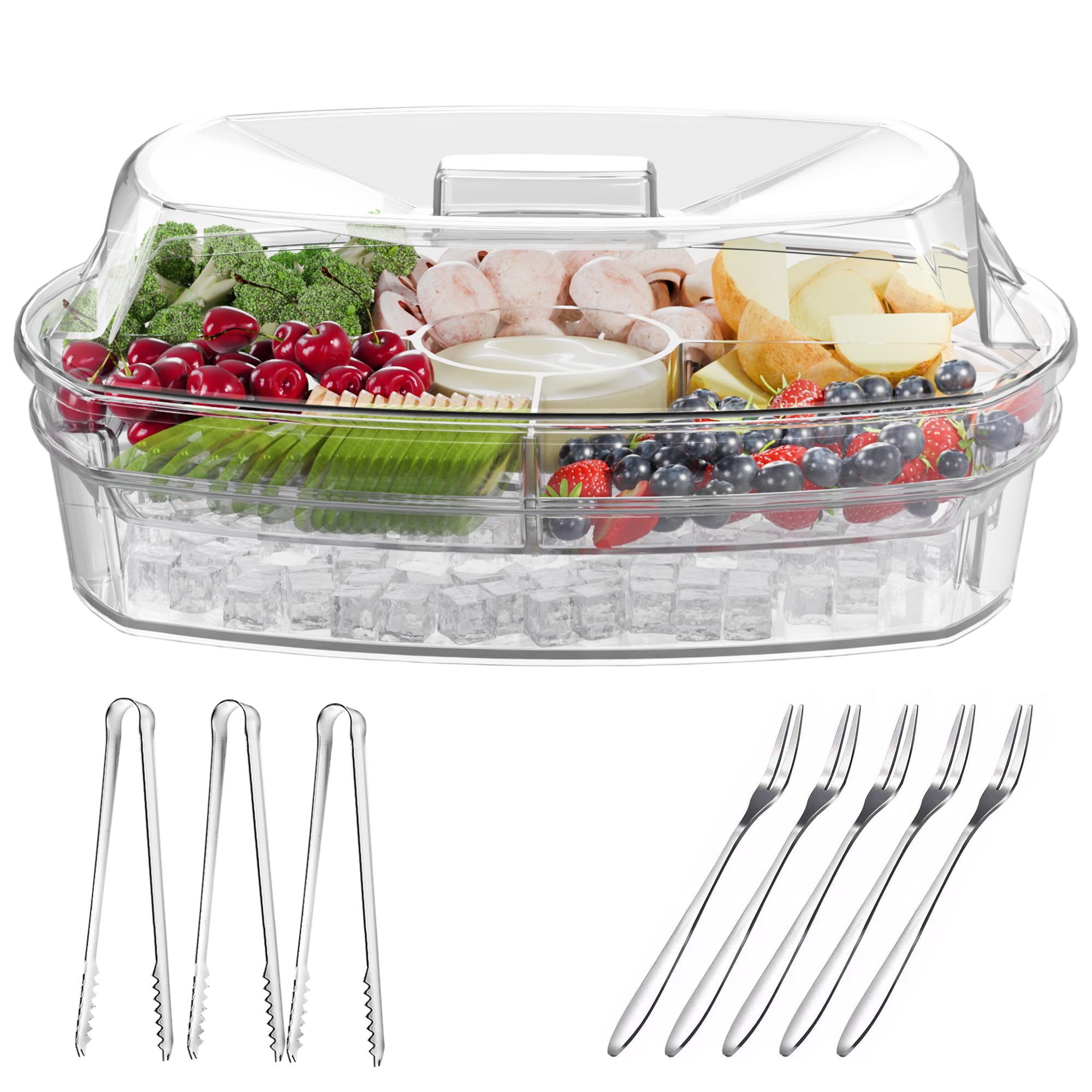 Photo 1 of ***(MISSING UTENSILS)***Newbro Chilled Veggie Tray with Lid, Shrimp Cocktail Serving Dishes for Entertaining, Ice Serving Platters and Trays Cold Travel Cookout Tailgate Essentials, Appetizer Fruit Snack Tray for Party Clear