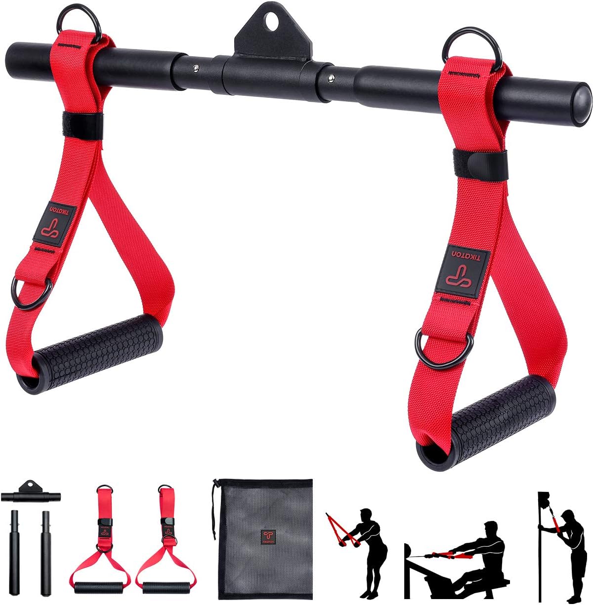 Resistance Bands Handles Rowing Handle Sturdy, Tikaton Pulley Handles for Cable Machines Lat Pull Down Bar with Durable D-Rings, Compatible with Rowing Machine and Pilates