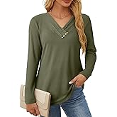 SHEWIN Women Long Sleeve Lightweight Tunic Tops Casual V Neck Pleated Button Warm Tee Shirts