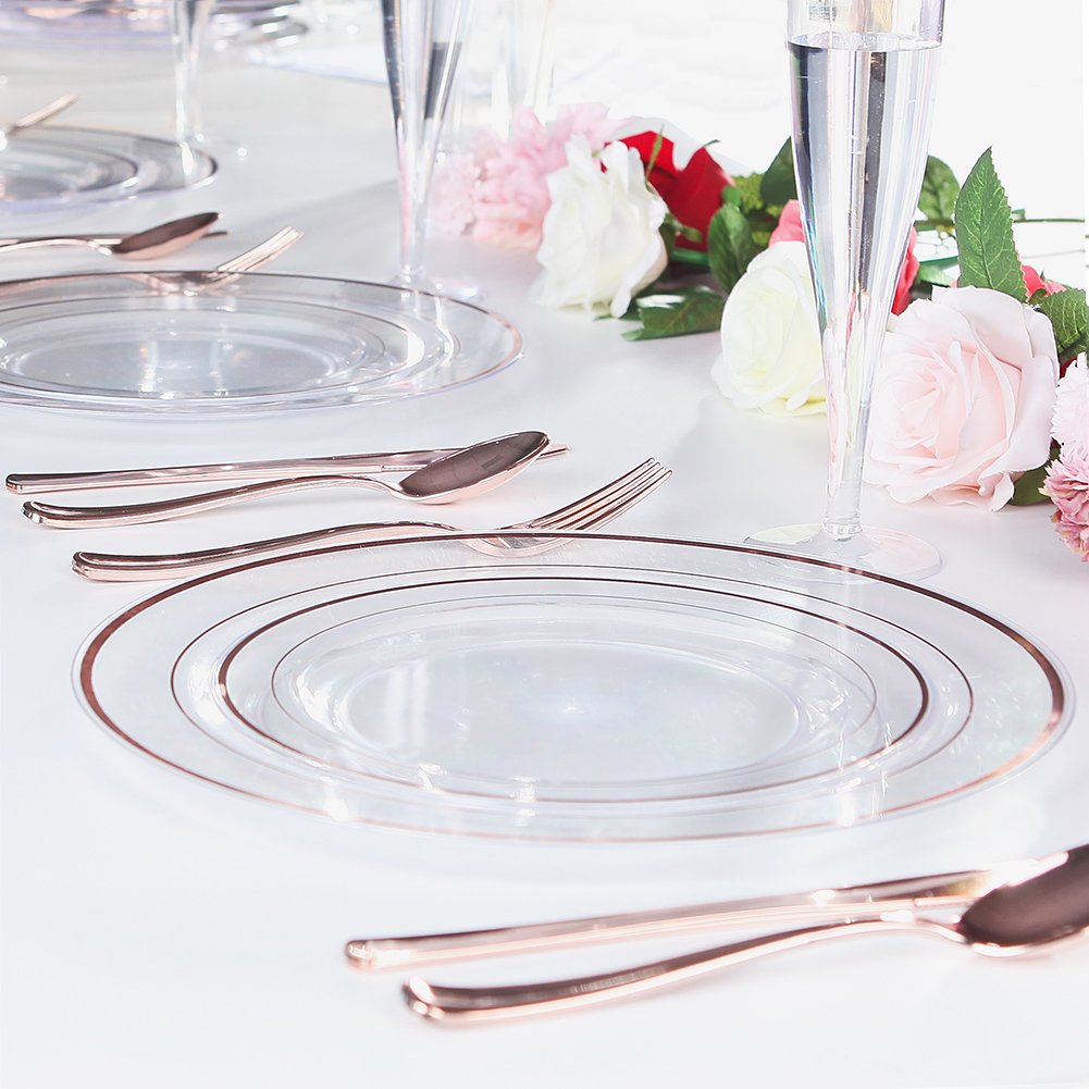 I00000 96PCS Rose Gold Plastic Plates, Elegant Rose Gold