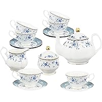 fanquare 21 Piece Floral Porcelain Tea Service for 6, British Tea Cup and Saucer Set, Tea Party Set for Women, Blue Roses