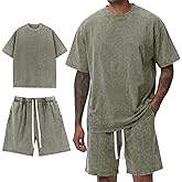 Arssm Mens Short Sets Outfits 2 Piece Summer Outfits Oversized T-Shirt Shorts Set Acid Wash Short Sleeve Tracksuit