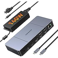 DisplayLink Docking Station Triple Monitor USB-C Dock with 8K HDMI, 2 DP, 140W DC Power, USB C/A Data Port, 1Gbps Ethernet, 1