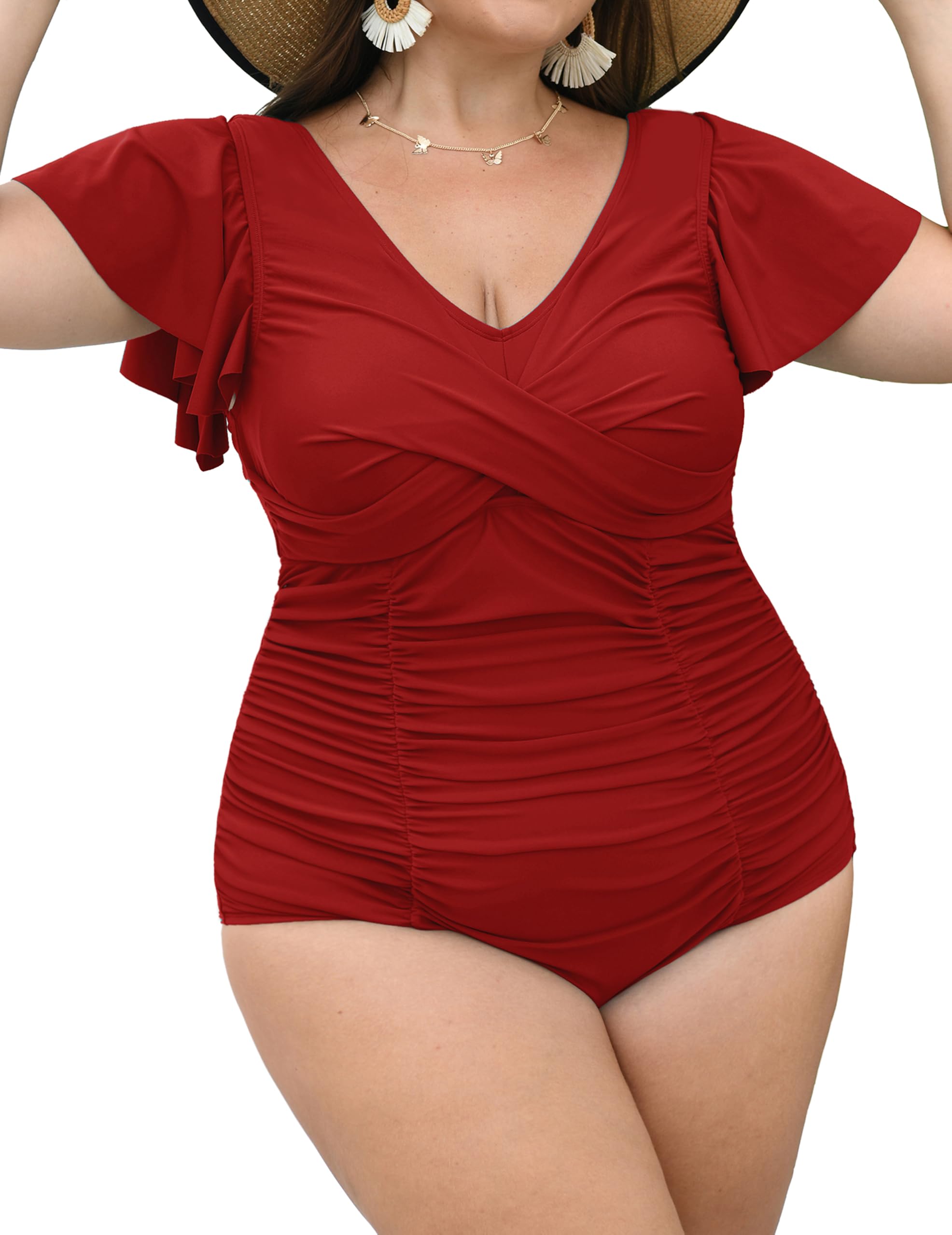 Photo 1 of Curvtide Women Plus Size Swim Romper Swimsuits One Piece Swim Suit Modest Tummy Control Ruffle Sleeves Bathing Suits (Red,3XL)