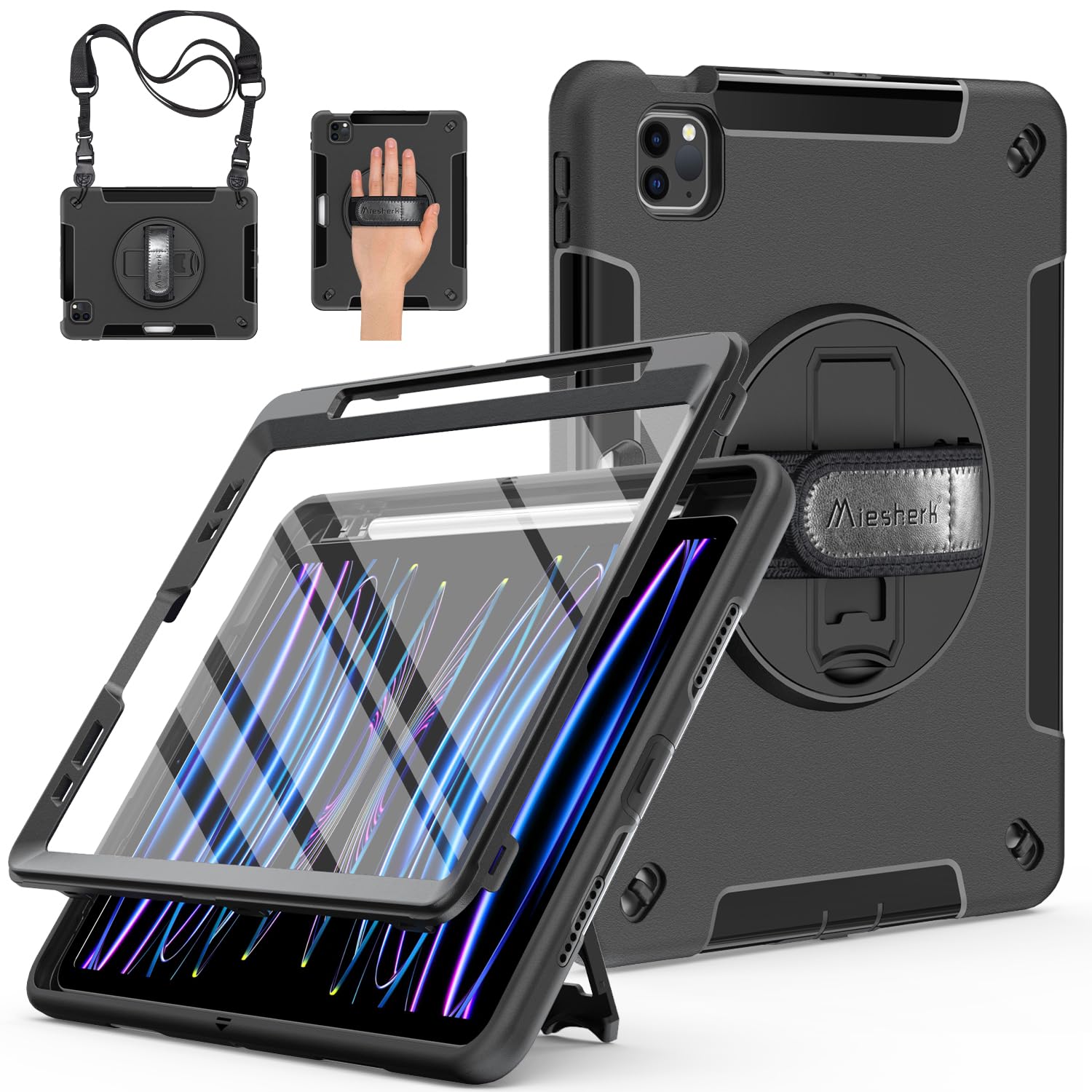 Miesherk Case for iPad Pro 11 Inch 4th/3rd/2nd/1st Gen 2022/2021/2020/2018: Military Grade Shockproof Cover iPad Air 11 M4/M3/M2, Pencil Holder, 360° Rotating Stand, Hand/Shoulder Strap, Black