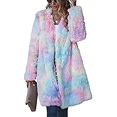 ECDAHICC Women's Rainbow Tie Dye Fuzzy Fleece Long Sleeves Jackets Wool Faux Fur Teddy Bear Long Cardigan Coat Outwear