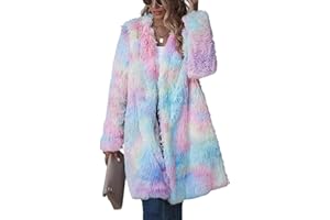 ECDAHICC Women's Rainbow Tie Dye Fuzzy Fleece Long Sleeves Jackets Wool Faux Fur Teddy Bear Long Cardigan Coat Outwear