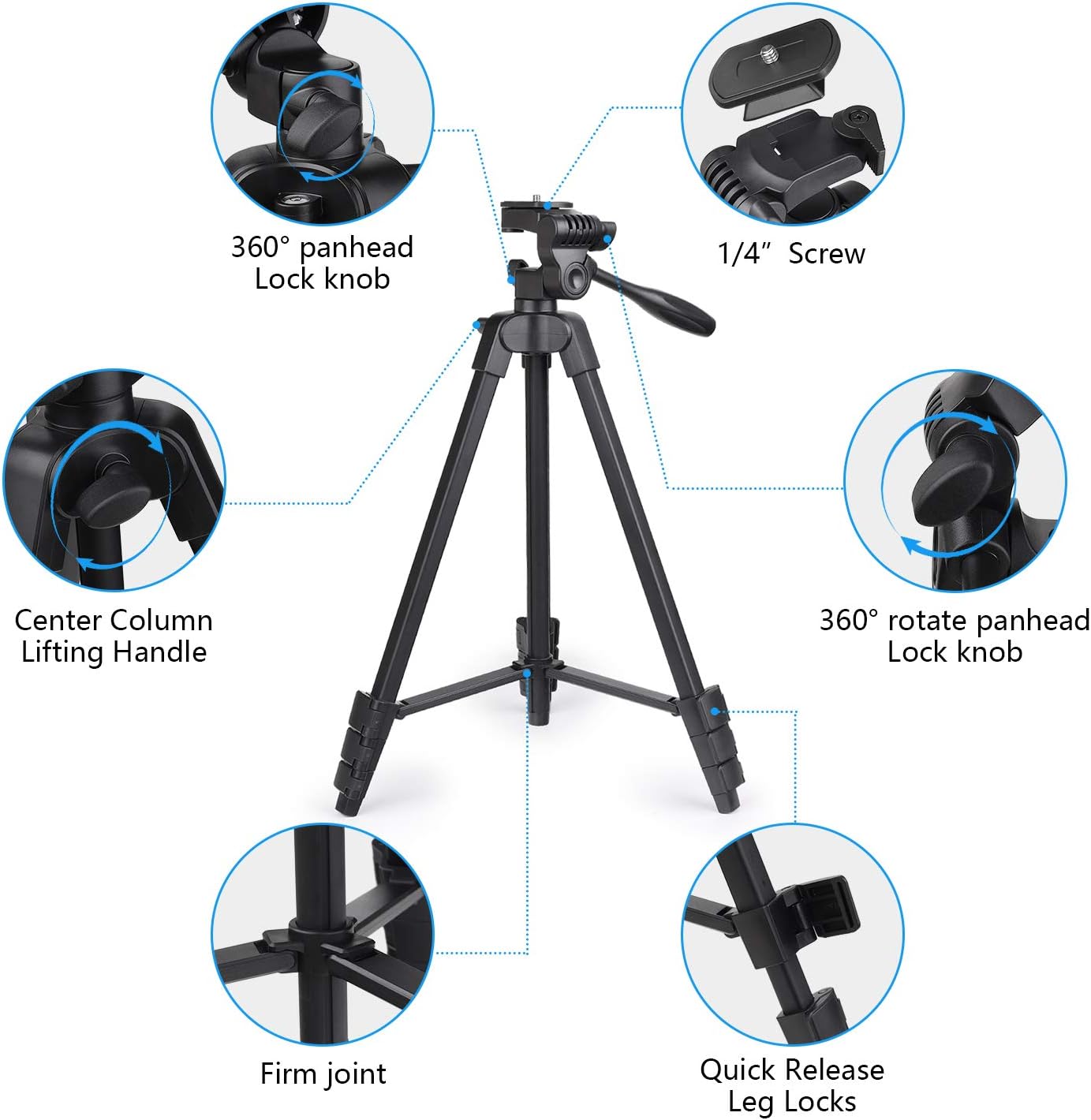 PHOPIK Phone Tripod 55 inches, Aluminum Travel/Camera/Mobile Phone Tripod with Carrying Bag with a Maximum Load of 6.6 pounds, Remote Shutter, Compatible with Smartphone & Tablet & Camera.: Camera & Photo