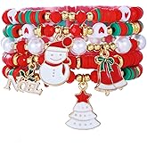 QLYOVWE 6 Pcs Christmas Bracelets Set for Women Colorful Beaded Stackable Bracelets with MERRY CHRISTMAS Charms Cute Xmas Holiday Party Accessories