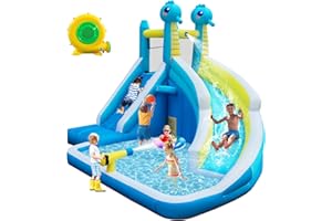 HEMOPOW Seahorse Inflatable Water Slide for Kids Backyard | 5-in-1 Blow Up Splash Park with Climbing Wall, WaterSlide, Water Cannon, Basketball Hoop & 480W Blower| Indoor/Outdoor Toys for Ages 3+