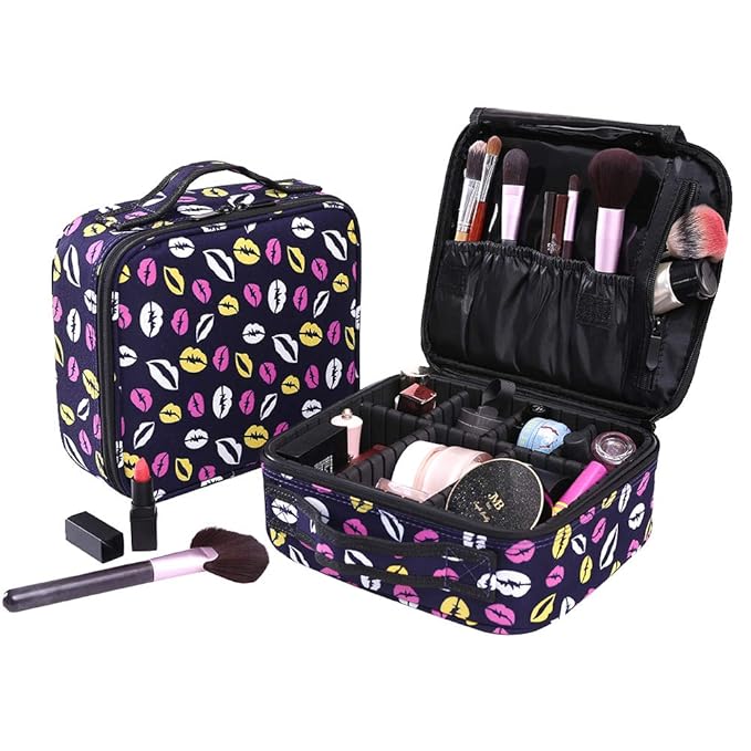 Neceser Maquillaje Impermeable Bolsa de Maquillaje Organizador A Brochas de Maquillaje Estuches Portatil Cosmeticos Bolsa Neceser De Viaje(Violeta con patron labios)