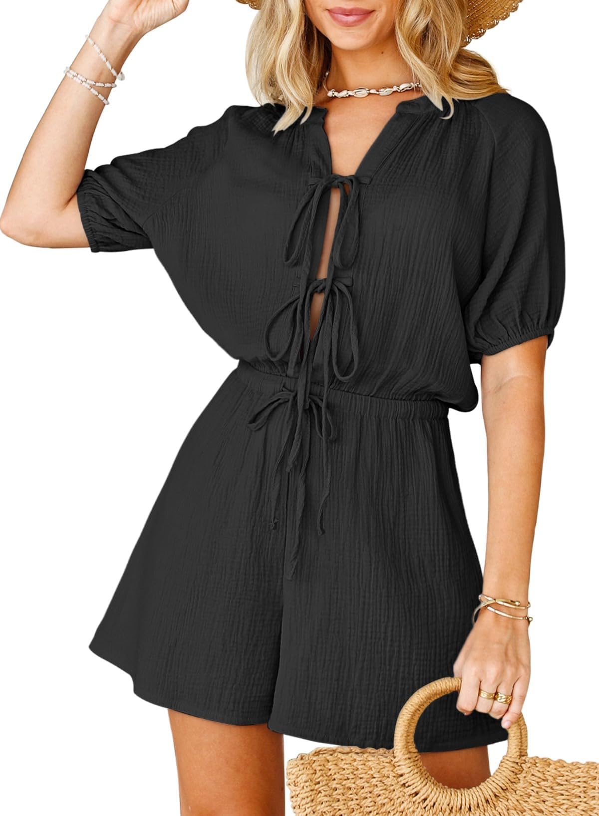 Photo 1 of Fixmatti Front Drawstring Waist Romper Tie Knot Short Sleeve Jumpsuit One Piece Outfit Black XL