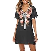 LauraKlein Women's Mexican Embroidered Mini Dress Boho Short Sleeve V Neck Summer Beach Dresses Flowy Vacations Fiesta Tunic