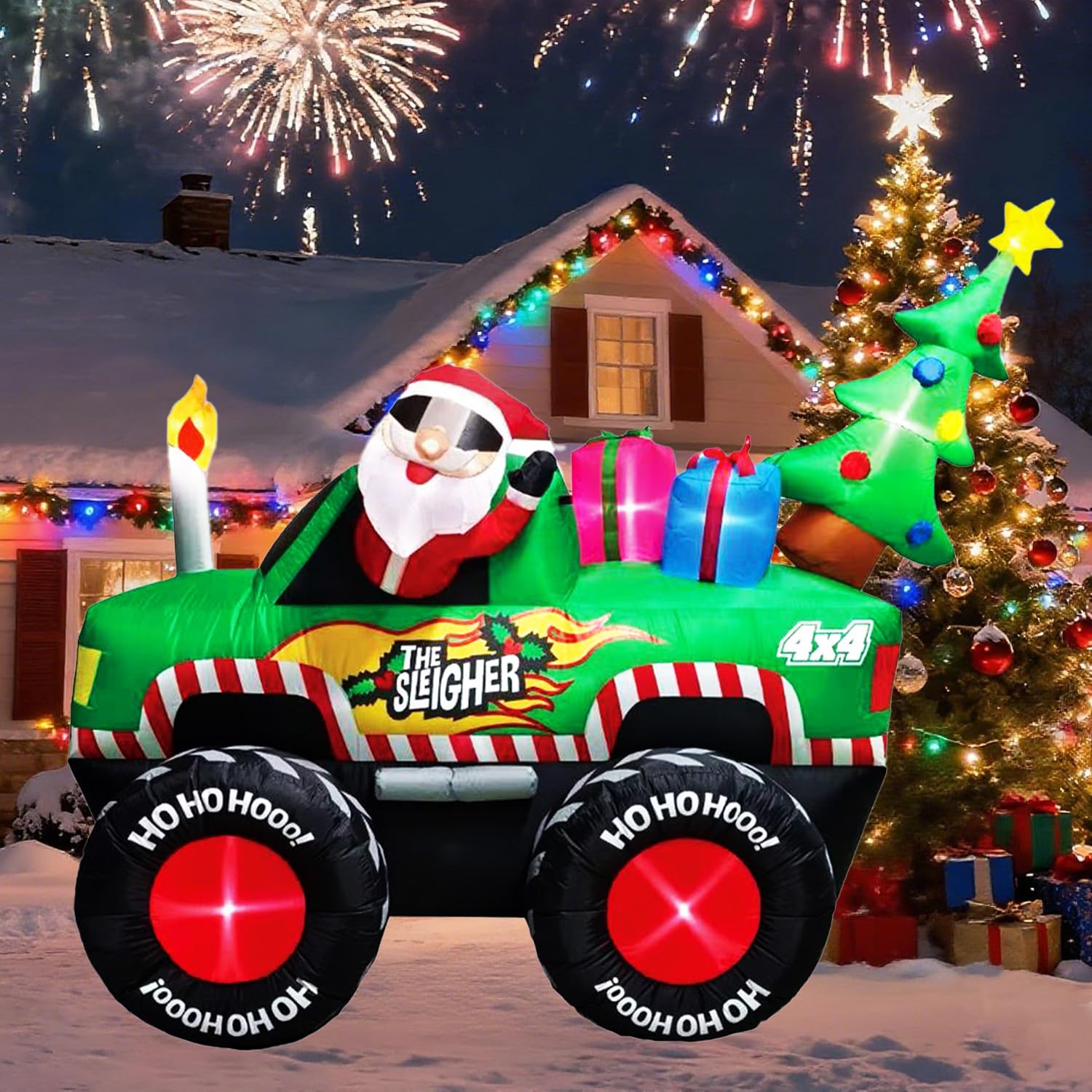 Photo 1 of 8FT Long Santa in Monster Truck Christmas Inflatables Outdoor Decorations, Xmas Blow up Santa Driving Truck with Tree and Gifts Boxes, X-mas Inflatable Yard Lawn Party Holiday Decor
