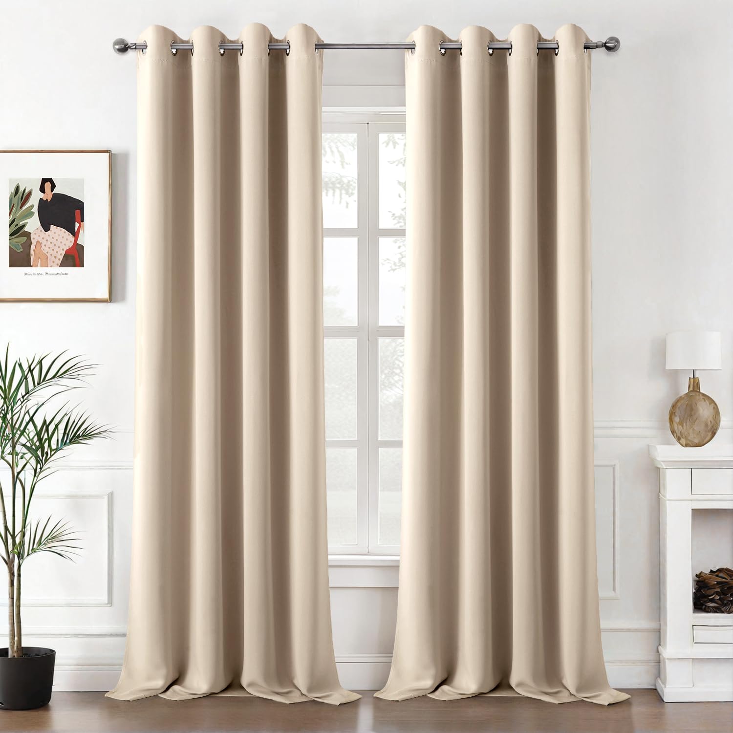 MIULEE Beige Blackout Curtains for Living Room 2 Panel Set, Premium Eyelet Curtains for Bedroom, Thermal Insulated Window Curtain Drapes, Black Out Curtain 96 Drop, Each Panel 55 x 96 Inches