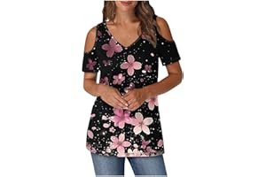 VOGFFR Summer Short Sleeve Shirts for Women Cold Shoulder Dressy Tops Loose Fit V Neck T Shirt Floral Print Blouses 2025
