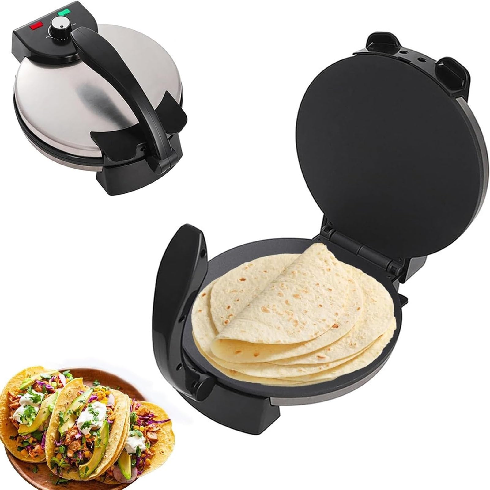 Photo 1 of 12 Inch Electric Tortilla and Roti Maker Press – Non-Stick Surface, Adjustable Temperature, Compact Flatbread MachineSilver,One Size