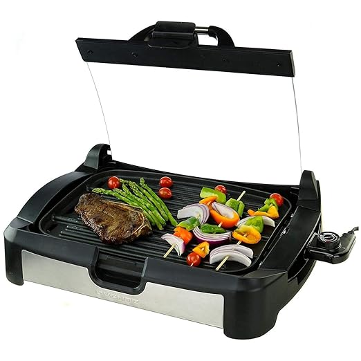 Ovente GR2001B Electric Grill, 1700W, Reversible Grill &Griddle, HeatTempered Glass