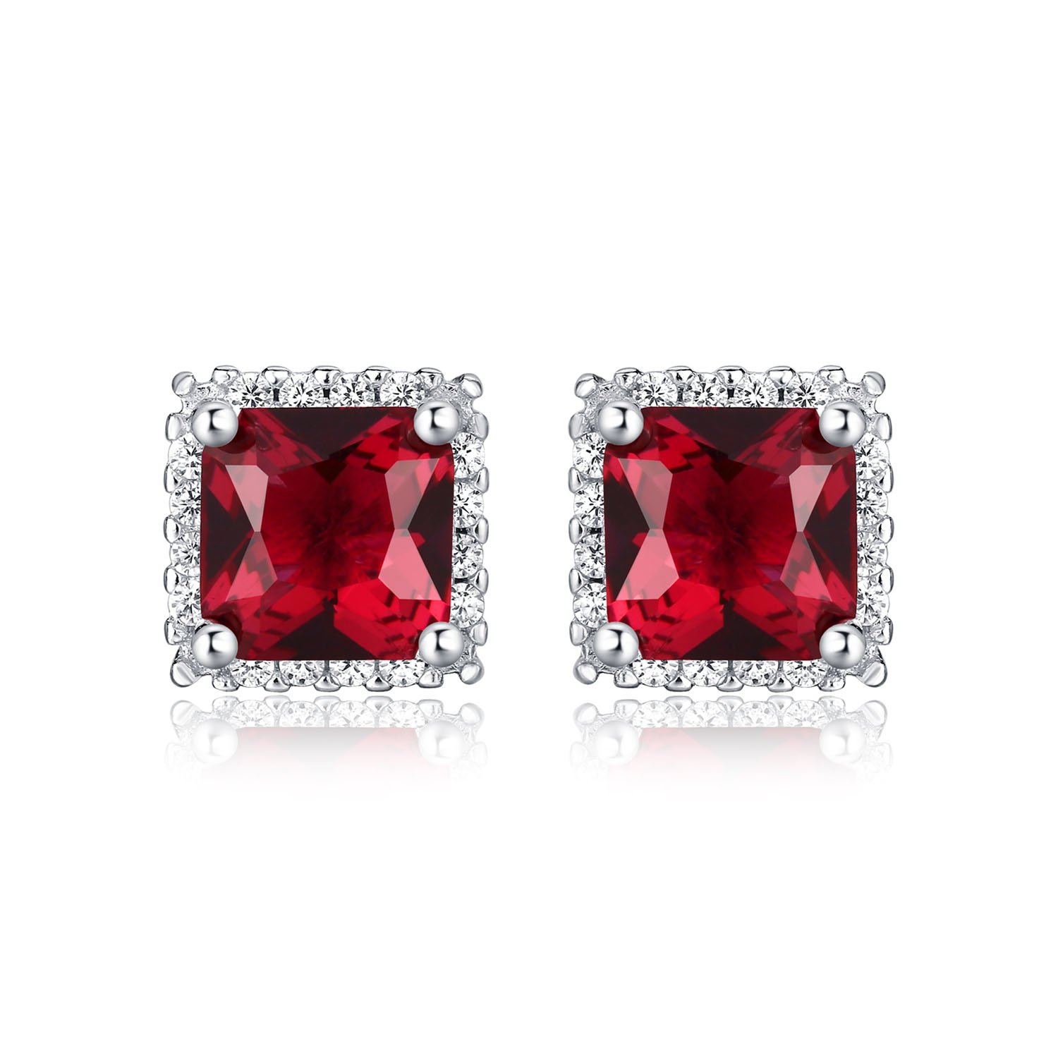 Diamond Treats 925 STERLING SILVER Earrings with Simulated Sparkling Square Red Ruby & FLAWLESS Sparkling White Cubic Zirconia. The Silver Ruby Halo Earrings are a Lovely Gift for Her.
