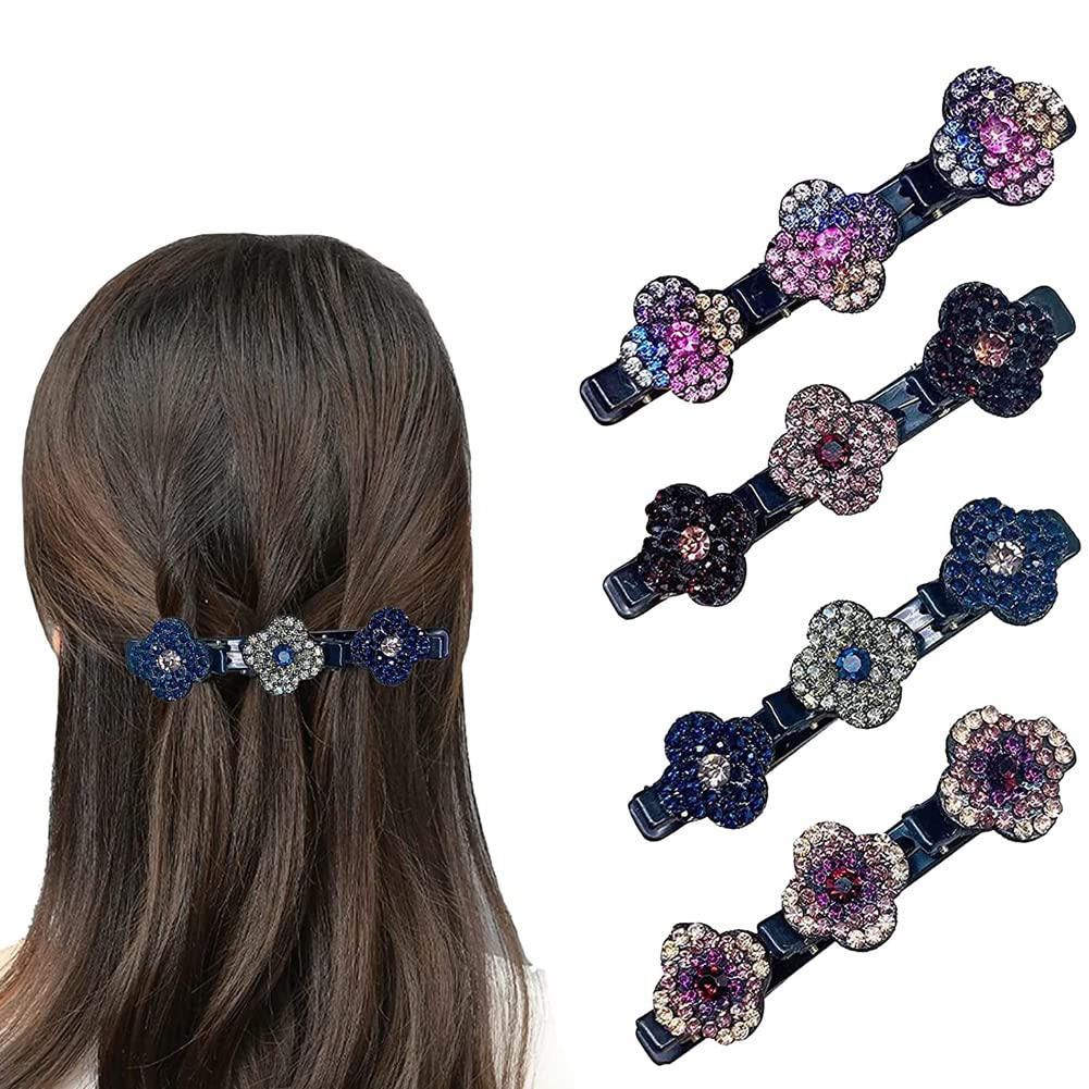 Sparkling Crystal Stone & Rhinestone Braided Hair Clips - Double Layer Sectioning, No-Slip (4PCS)