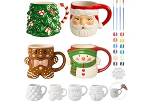 LOYIM Set of 4 Christmas Ceramic to Paint Color Your Own Mugs Christmas Craft Adult Tree Santa Snowman Gingerbread DIY Mug Painting Kit with Paints, Brushes, Palette for Xmas Activity Art Decoration