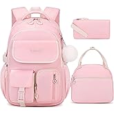 DIGOBAY Backpacks for Girls, 3PCS School Backpack with Lunch Box Pencil Pouch for Teen Girls Kids Elementary Primary Middle High College School Bookbag Set (Pink)