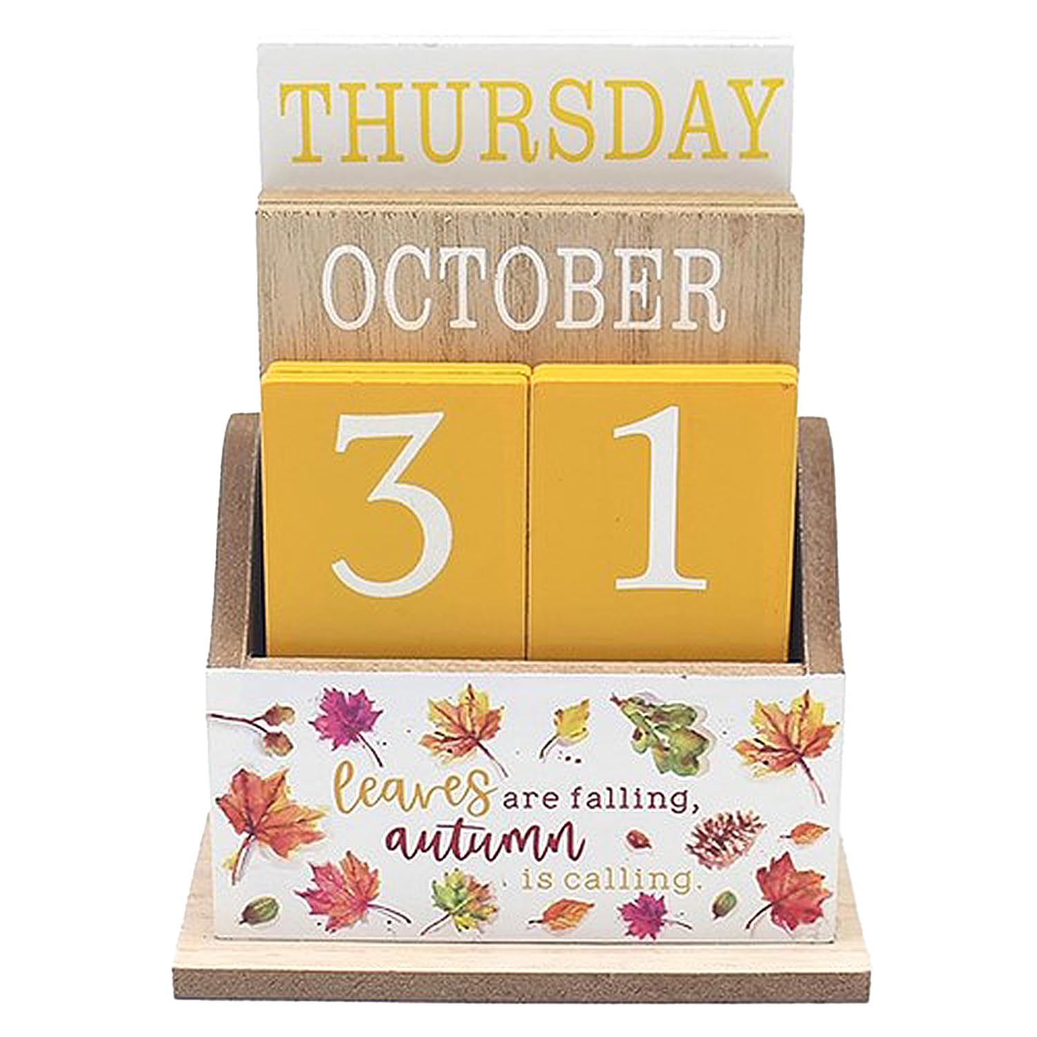 Wooden Calendar Block Perpetual Desk Office Weight Autumn Fall Theme Leaf Nature