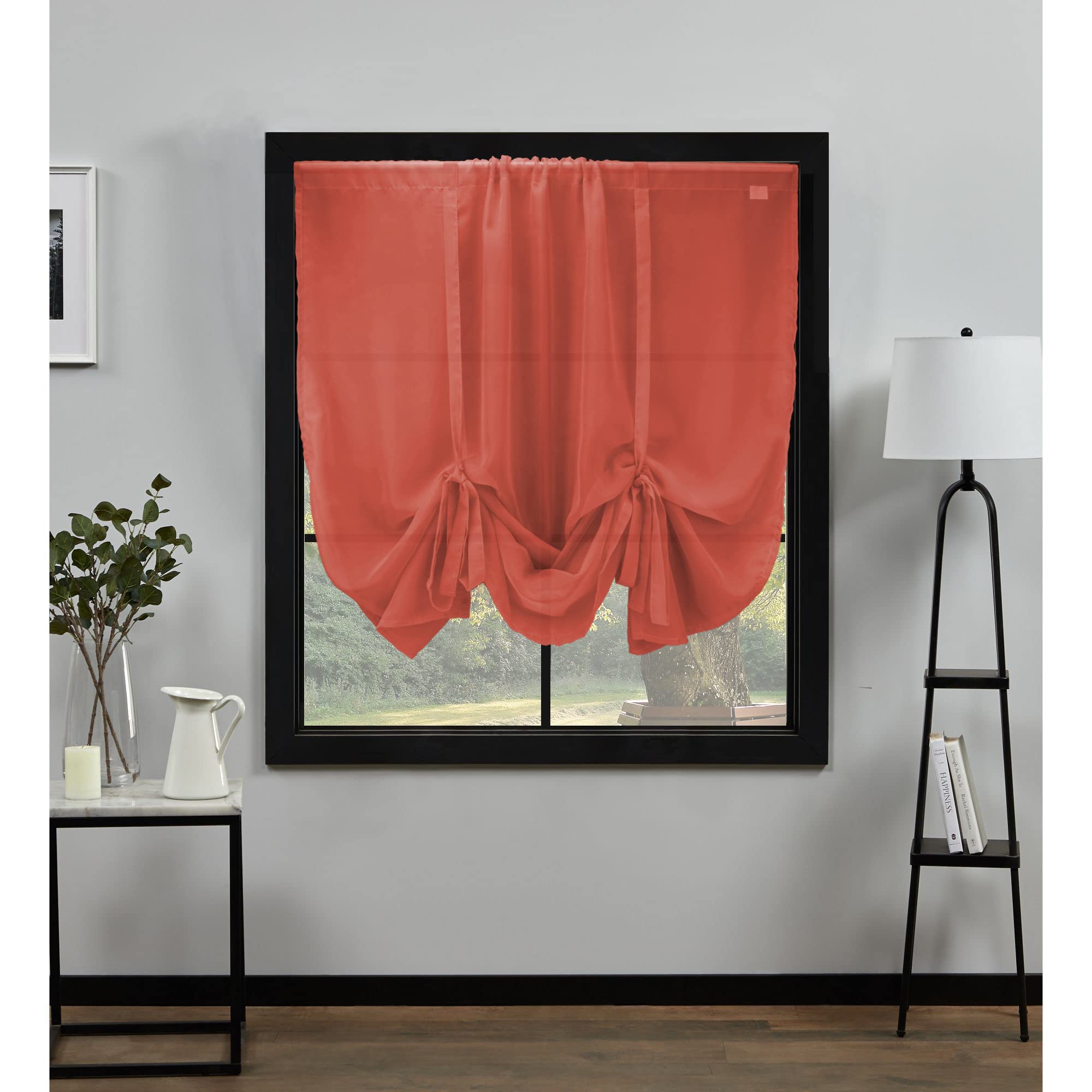 NetCurtainsUK Plain Voile Tie Blind Curtain Panels 140cm (55'') Wide x 140cm (55'') Drop (Coral), HWTB01