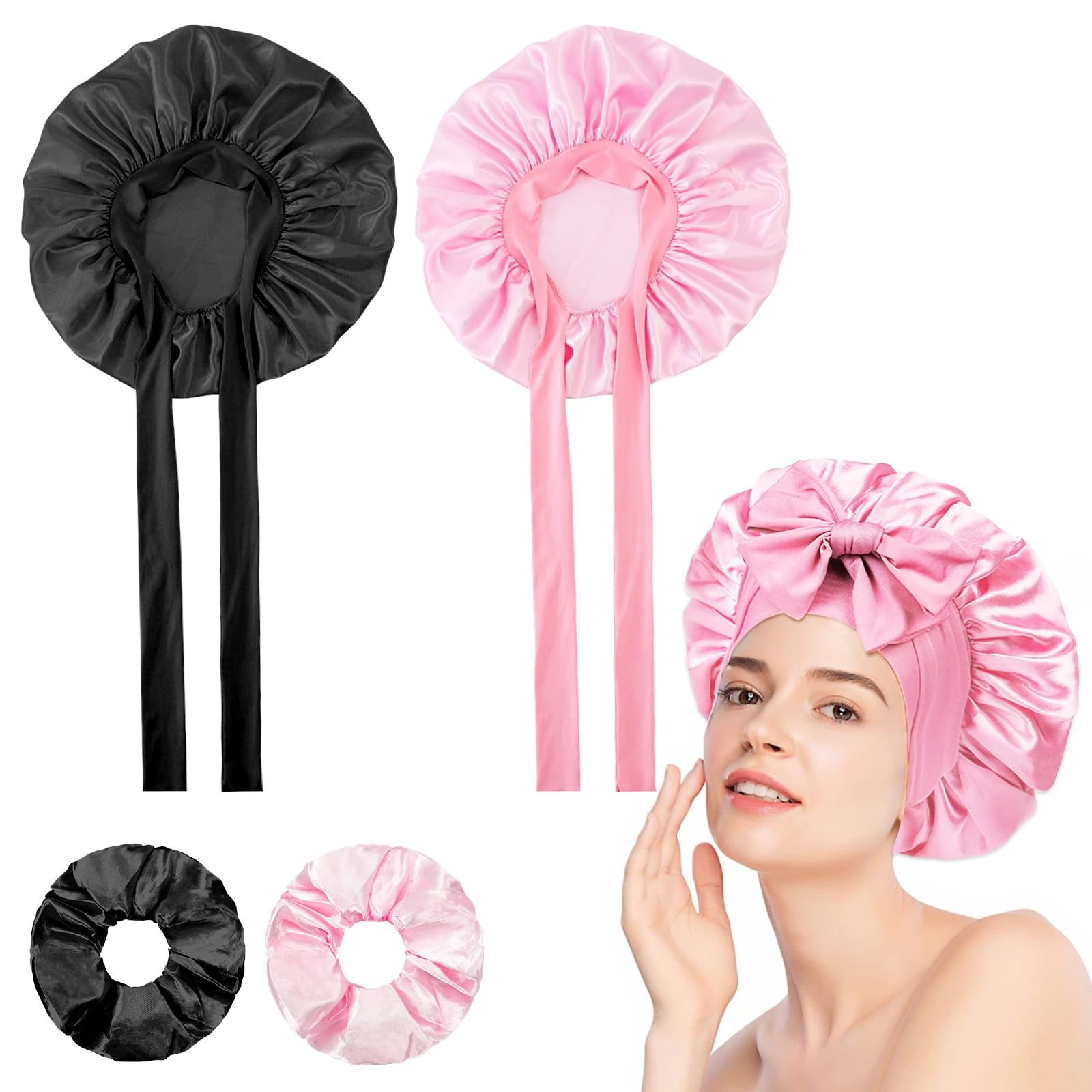 Pack of 2 Silk Bonnet for Sleeping with 2 Satin Hair Bobbles Silk Bonnet Sleep Cap for Women and Girls (Black + Pink, One Size)