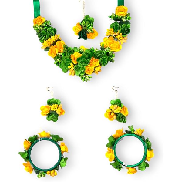 Zeneme Flower Jewellery Set - Necklace, Earrings, Bracelet & Maang Tikka For Haldi, Mehendi & Wedding Events