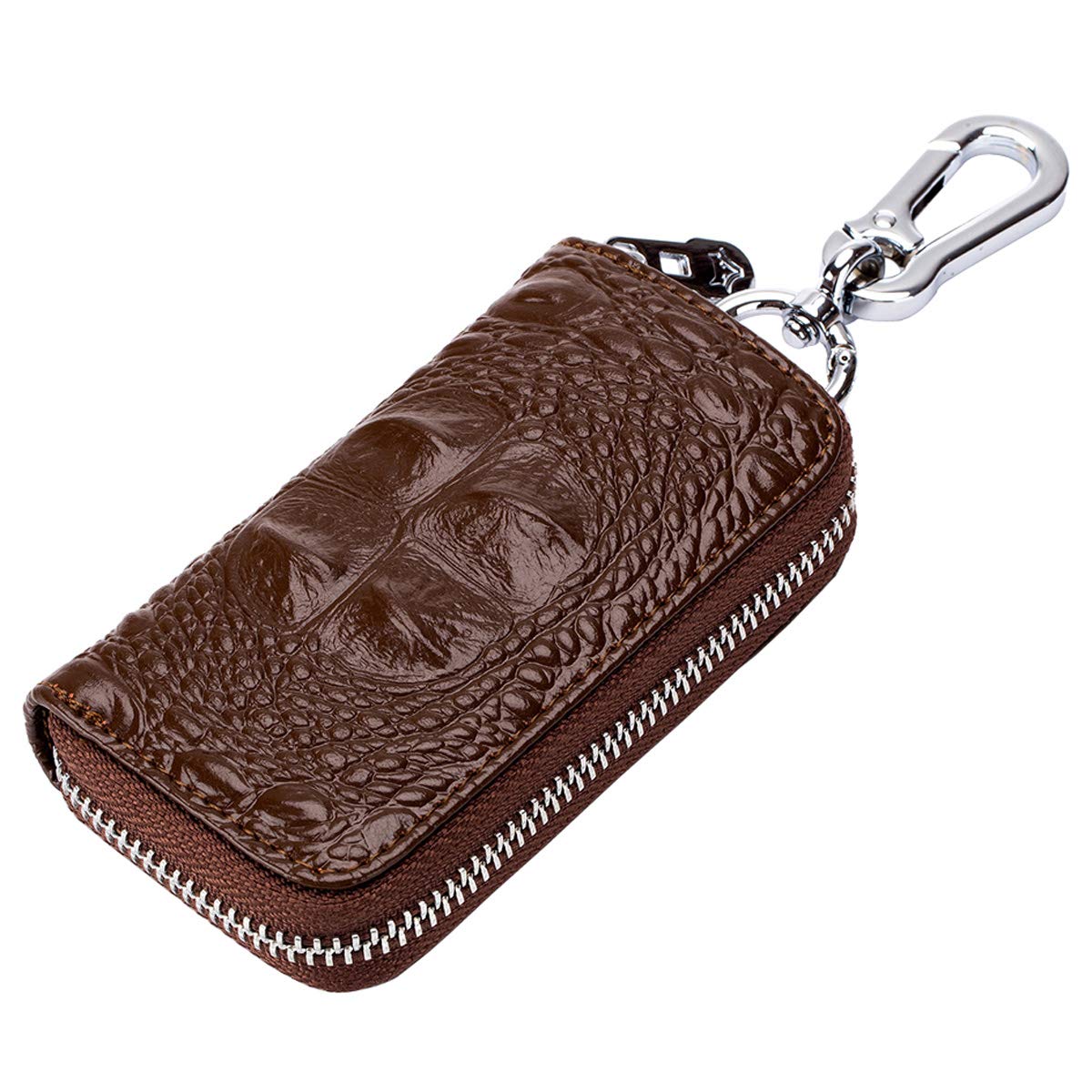 Aileder Key Case Wallet Crocodile Leather Key Holder Car Keychain Key Case with 6 Hooks, Card Slots/Car Key Ring/Zipper for Men Women (Brown)