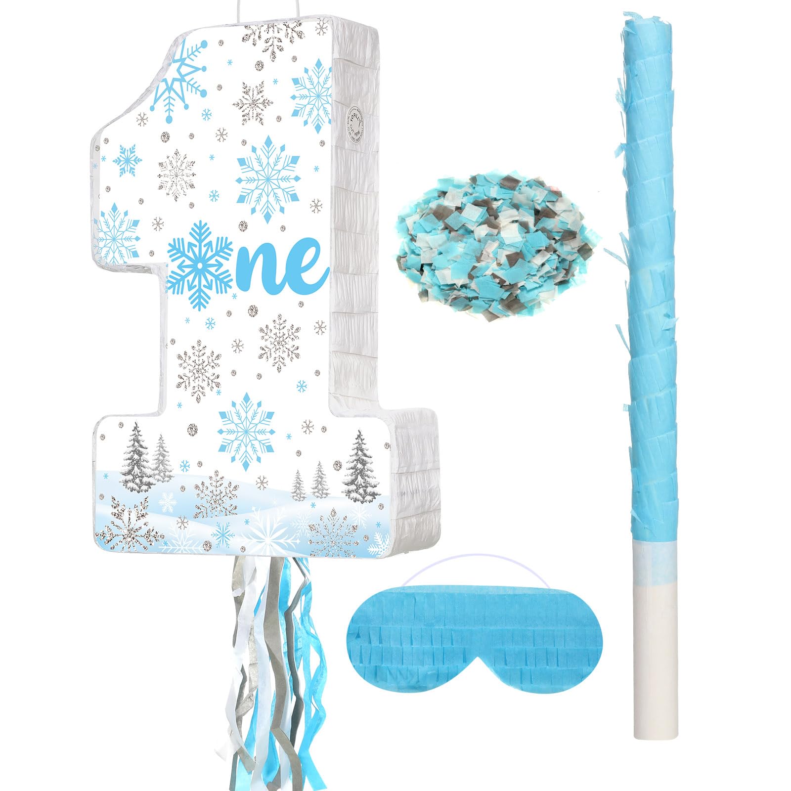 Photo 1 of Aoriher Boys 1st Birthday Piñata Winter Onederland Game Set Blue Silver Snowflake Piñata with Stick Blindfold Mask Confetti for Boys First Birthday Baby Shower Party Game Supplies Decor
