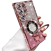 AuroiCCY Magnetic Stand Glitter Case for Samsung Galaxy S25 Ultra, (Compatible with Magsafe) Women Girly Luxury Bling Diamond Rhinestones Cover with Camera Lens Protector for Galaxy S25 Ultra (Pink)