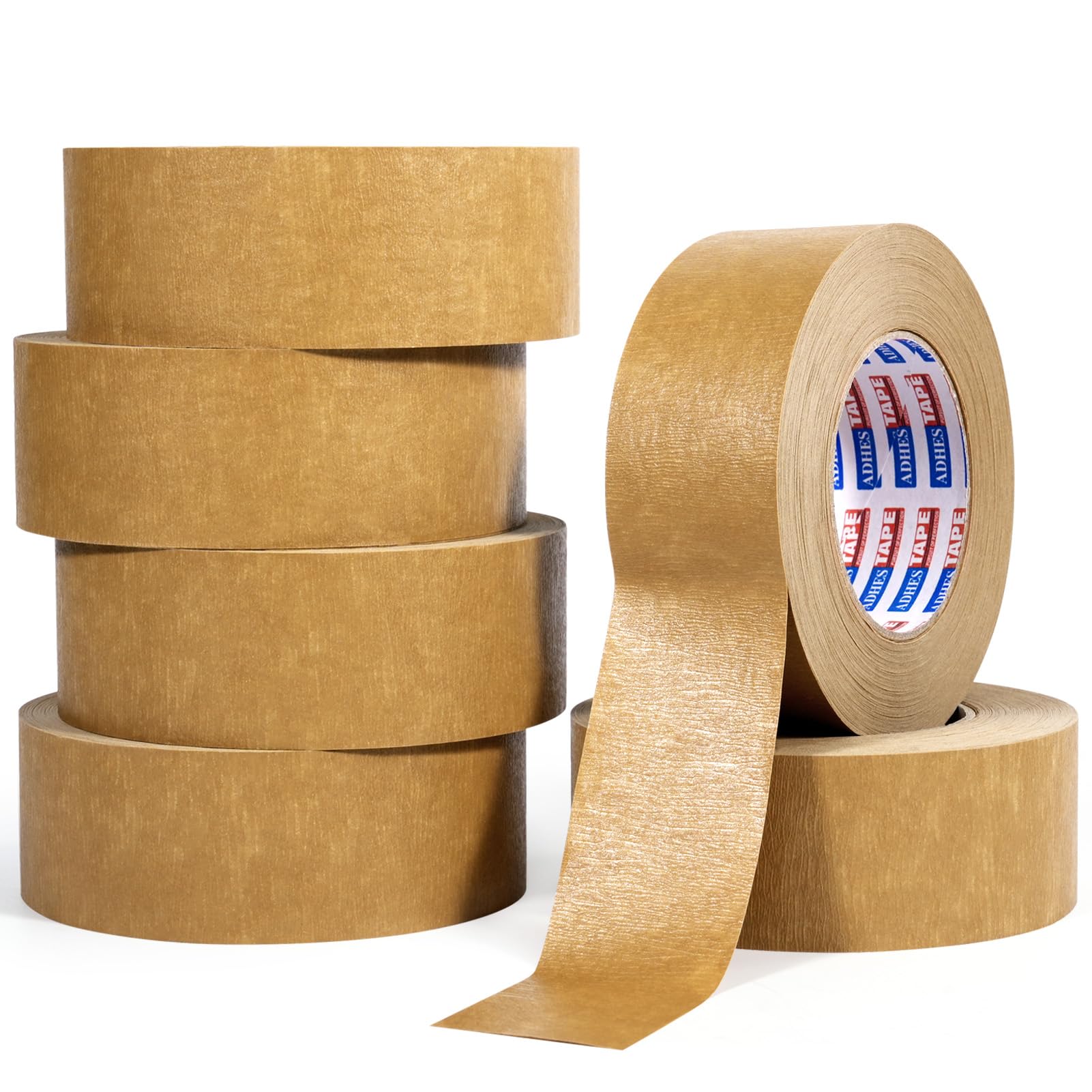 ADHES Heavy Duty Kraft Paper Tape, 7.5mil, 2 Inch x 55 Yards x 6 Rolls, Biodegradable Paper Packing Tape Writable & Uncoated Brown Packing Tape for Shipping, Moving, Sealing