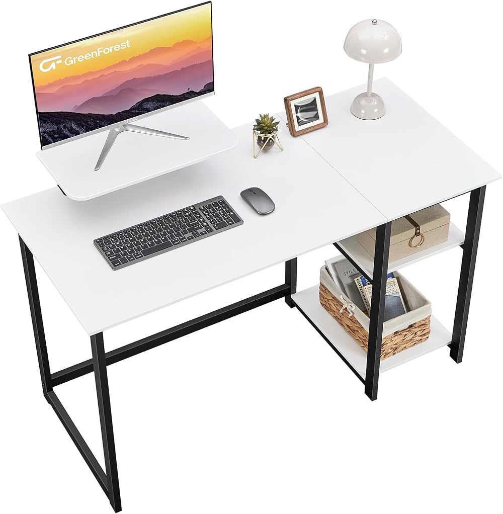 GreenForest 100cm Computer Desk with Monitor Stand and Reversible Shelves