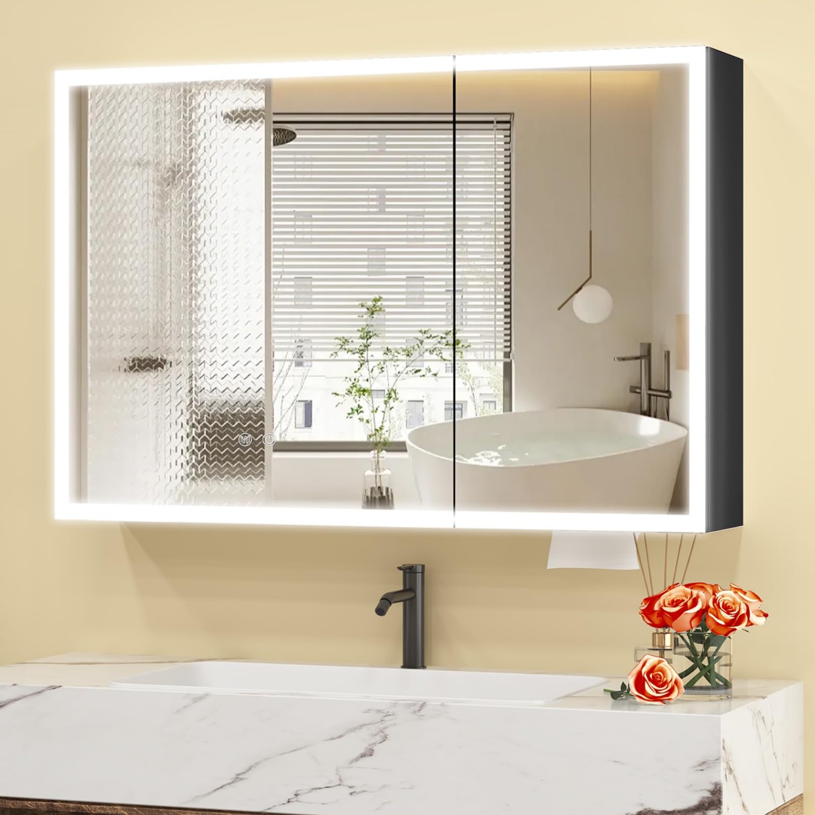 Photo 1 of **UNTESTED**
JBLCC Medicine Cabinet with Light (Full Assembled), 31.5''x23.62'' LED Lighted Bathroom Mirror with Storage, Smart Anti-Fog, Aluminum Wall Mounted or Recessed Medicine Cabinet, Black