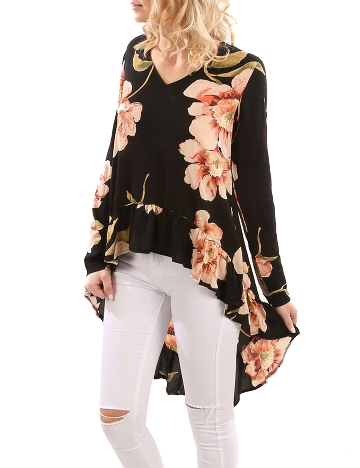 Blooming Jelly Women\'s Oversized Long Sleeve V Neck Shirts Frilled Floral Blouse Hi Low Asymmetrical Flattering Tops(M, Black)