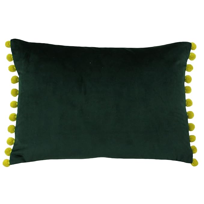 Paoletti Fiesta Dark Green Velvet Pom Pom Rectangle Cushion Cover (35 x