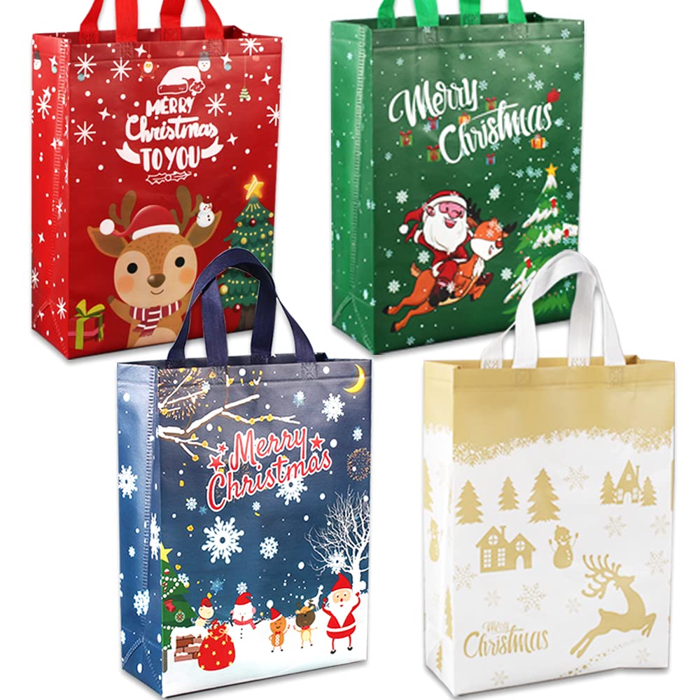 Volsha 4 Pack Christmas Reusable Grocery Bag,Large Tote Bag with Handle, Gift Present Bag, Shopping Bag for Holiday Xmas Event Party