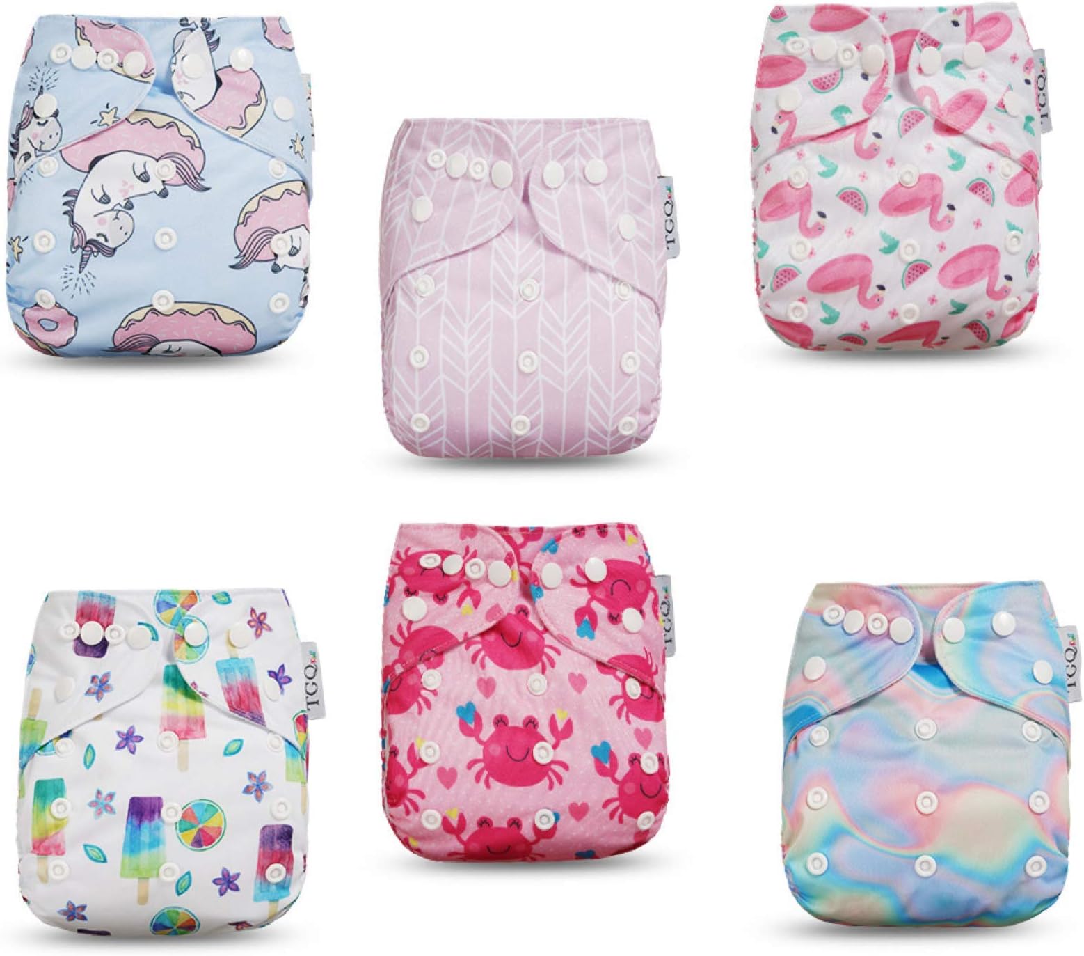 Tgq kidz adjustable cloth diapers reusable newborn diapers 6 cloth diaper covers with 6 reusable diaper inserts