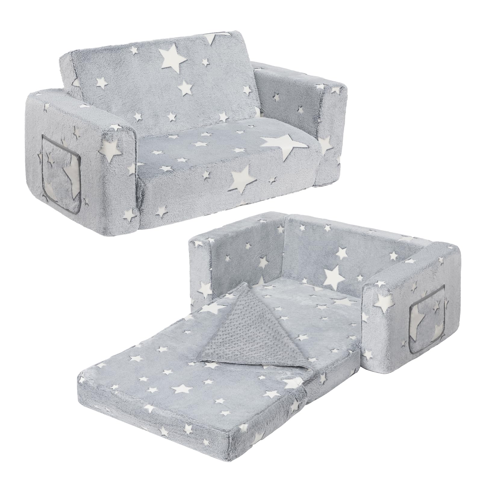 Photo 1 of ALIMORDEN Fold Out Toddler Couch, Extra Wide Comfy 2-in-1 Cuddly Sherpa Sofa for Kids, with Removable Baby Friendly Blanket, Convertible Sofa to Bed, Star