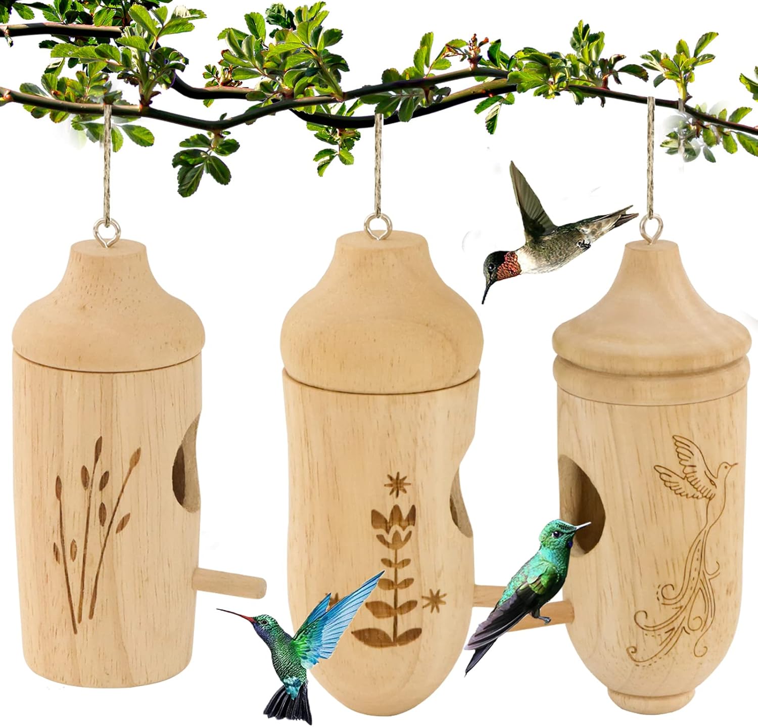 Backyard Birding & Wildlife - OROGHT Hummingbird House - Natural Wooden Hummingbird Houses for Outside Hanging,Hummingbird Swinging Hummingbird Nest, Bird Houses for Garden Window Outdoor Home,3 Packs
