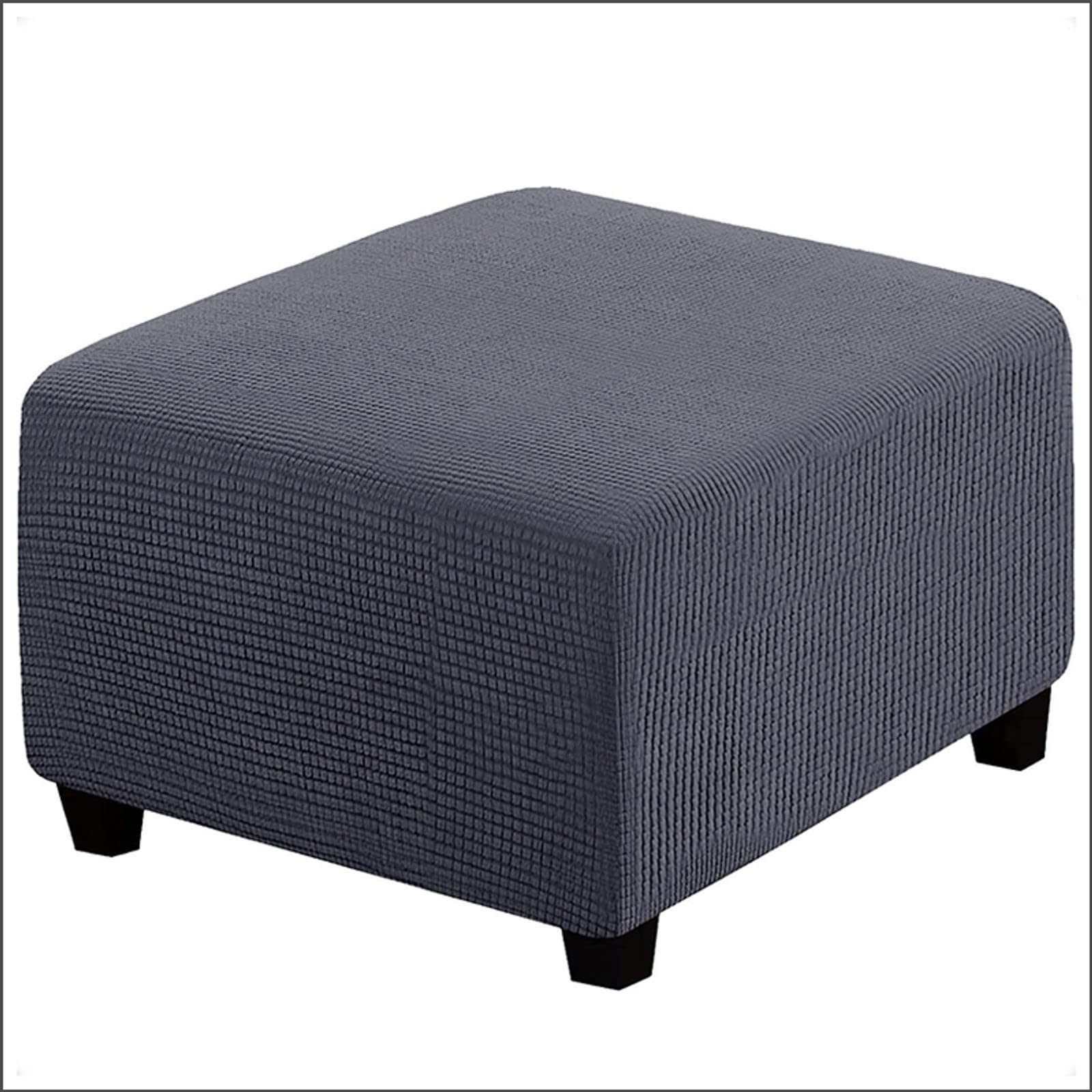 Qiden Square Footstool Ottoman Plush, 10% Thicker Large Stretch Pouffe Cover Anti-Slip Foot Stool Jacquard Slipcovers With Elastic Bottom, Machine Washable - Gray - Large