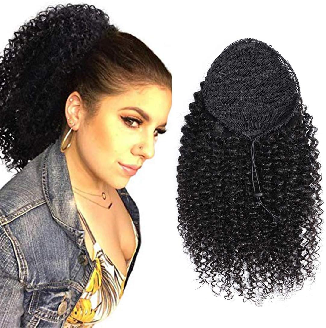 RACILY Curly Human Hair Ponytail with Wrap Drawstring 3C Remy Brazilian Virgin Hair Natural Color Afro Kinky Curly Hair Piece Clip-in Extensions (10")