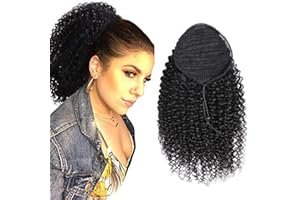 Curly Human Hair Ponytail with Wrap Drawstring 1 Piece, 3C Brazilian Hair Natural Color Afro Kinky Curly Hair Piece Clip-in E