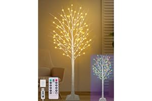FASTDENG 6FT Lighted Birch Tree with 130 LED Warm White and Multicolor Lights, 8 Modes, Timer Remote Faux Prelit Twig Christmas Tree with Lights for Indoor Outdoor Xmas Holiday Party Decoration