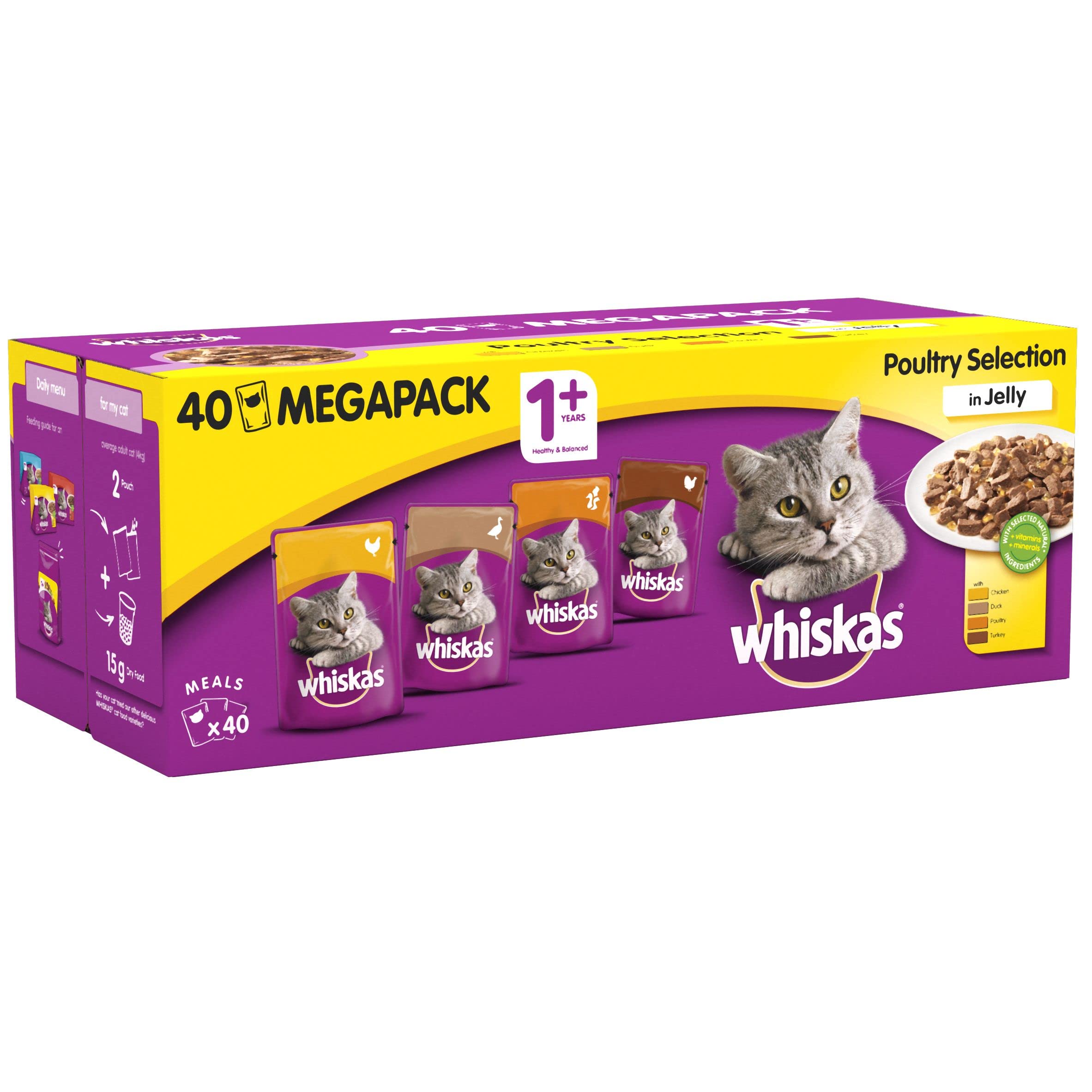 Whiskas Wet Cat Food Pouches, Delicious and Tasty Poultry Selection in Jelly, Suitable for Adult Cats Aged 1+, (40 x 100 g)